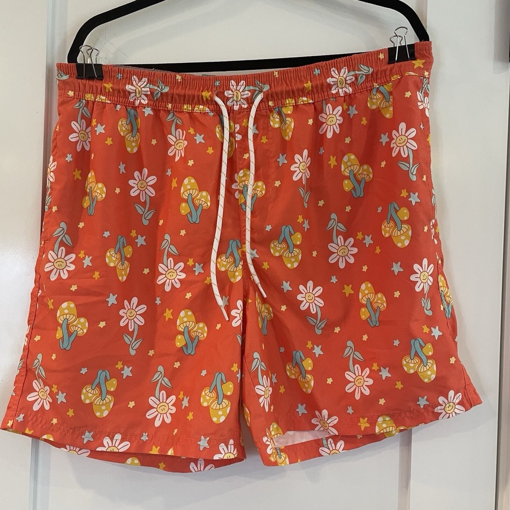 Mens Novelty Print Swim Trunks Orange Floral Flower Mushrooms L Large‎ 36 37 38
